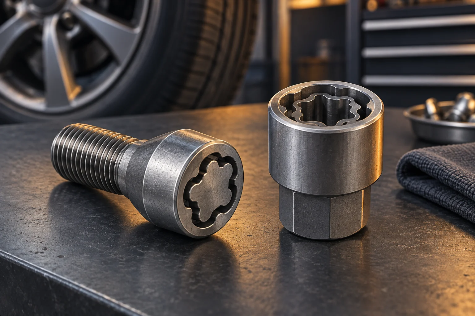 Illustration: Macro still life of a locking wheel bolt and its matching patterned adapter neatly placed on clean charcoal workbench, strong recognizable machined metal shapes
