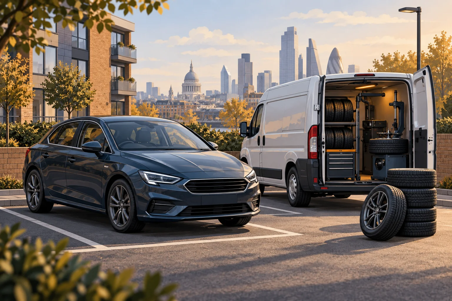 Illustration: Car in accessible private urban car park beside an unbranded tyre service van, distant generic British city skyline, wide street-level view