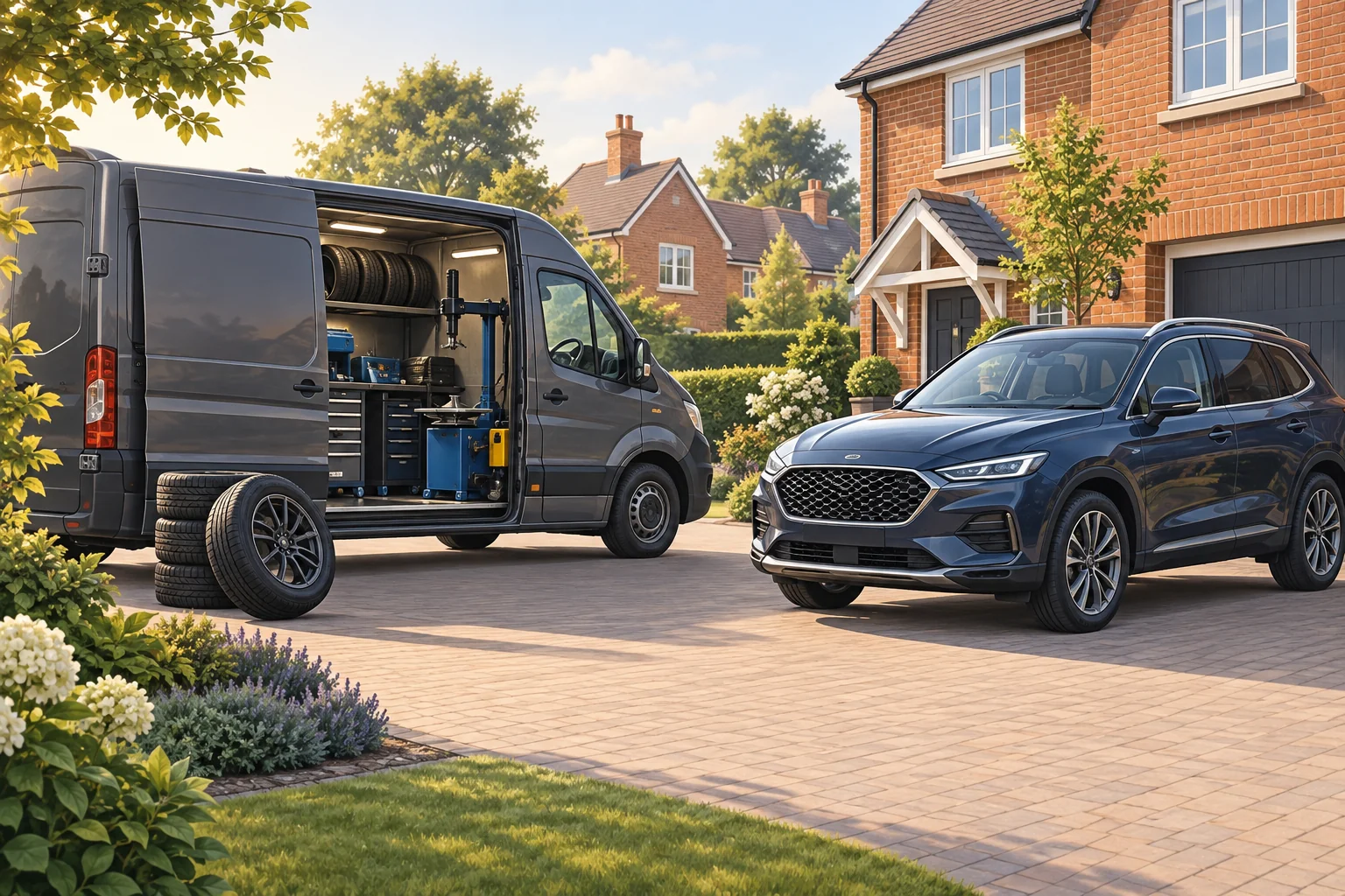 Illustration: Unbranded mobile tyre van and parked family car on level spacious suburban driveway, tidy red brick homes, wide view