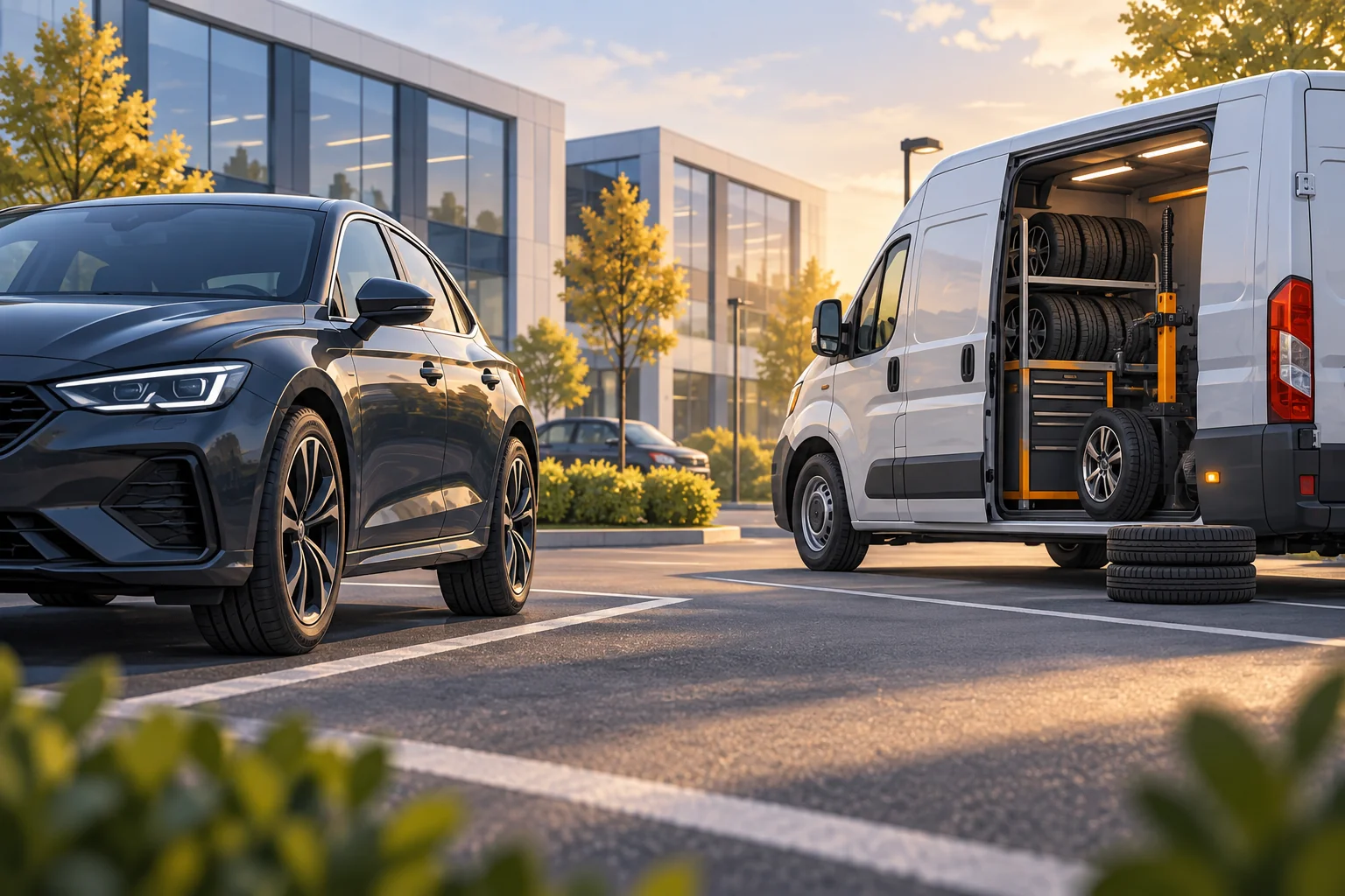 Illustration: Car and unbranded mobile tyre van in a spacious business parking bay outside contemporary offices, wide low angle